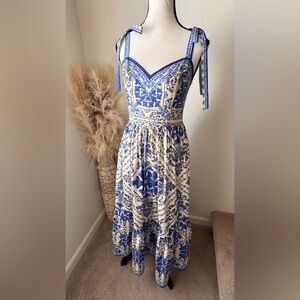 Flying Tomato Ivory Blue Printed Midi Dress with Tie Straps - M